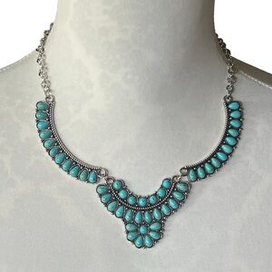 Turquoise Statement Bib Necklace | Silver Tone Boho Chic Jewelry